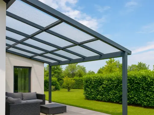 Une pergola moderne avec toit en polycarbonate protège un salon de jardin. Le ciel bleu et la verdure environnante créent un cadre paisible.