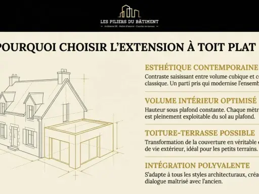 Schéma d'une maison avec une extension vitrée toit plat moderne. L'image met en avant les avantages d'une extension à toit plat.