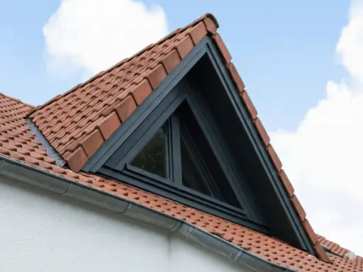 Un puit de lumière triangulaire s'intègre dans un toit en tuiles rouges, sous un ciel bleu et nuageux.