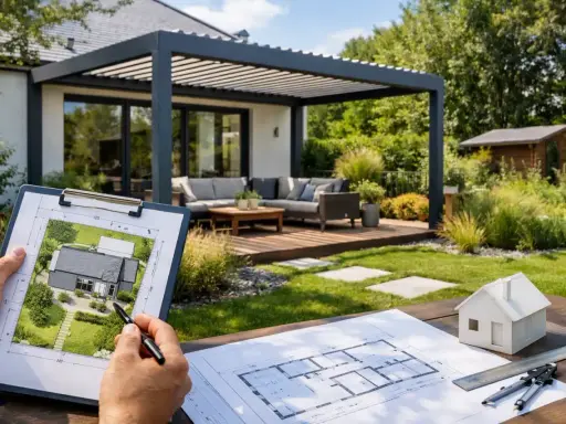 Planification d'une pergola et d'une terrasse. La jurisprudence sur l'emprise au sol est étudiée sur un plan.