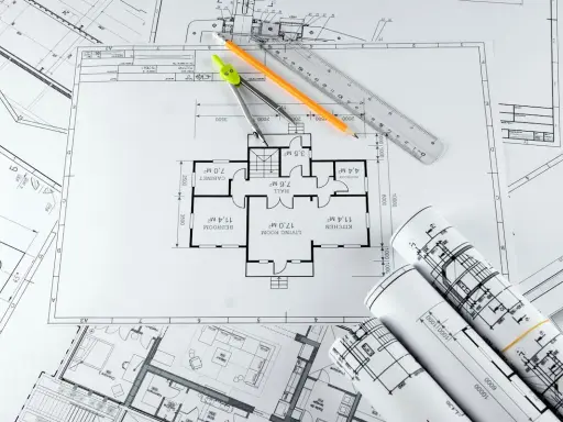 Plans d'architecte, compas, crayon et règle pour savoir comment faire une extension de maison pas chère.