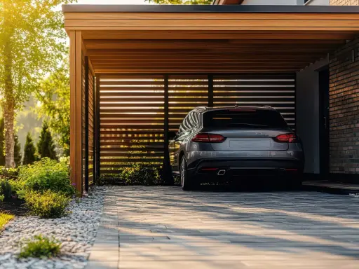 Voiture grise garée sous un carport moderne. Pensez à comment déclarer un carport aux impôts pour optimiser votre situation.