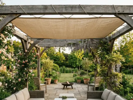 Une toile beige est tendue pour couvrir une tonnelle en bois, offrant un coin ombragé dans un jardin fleuri.