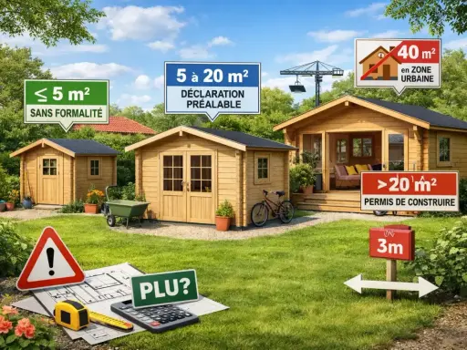 Des abris de jardin en bois de différentes tailles, avec des panneaux indiquant les règles d'urbanisme. Un grand abri nécessite un permis de construire.