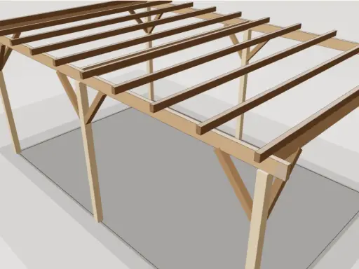 Structure d'une pergola bois fait maison, en cours de construction, avec poteaux et poutres apparents.
