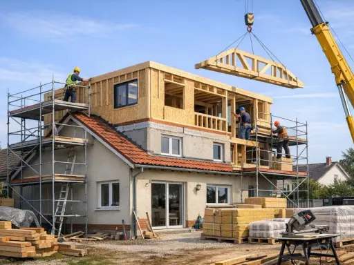Construction d'une extension maison étage avec une grue qui installe une charpente en bois. Des ouvriers travaillent sur des échafaudages.