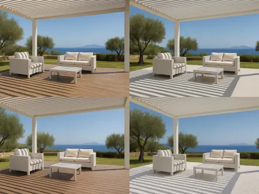 Quatre vues d'une pergola blanche avec salon extérieur, offrant une vue sur la mer. Idéal pour fermer une pergola et profiter de l'extérieur.