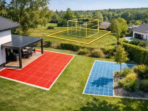 Une pergola sans emprise au sol, avec des zones colorées sur la pelouse, suggère un espace extérieur moderne et personnalisable.