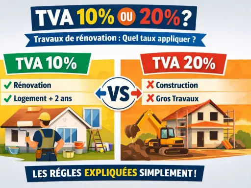 Illustration comparant la TVA 10% pour rénovation (peintre devant une maison) et la TVA 20% pour construction (pelleteuse sur un chantier).