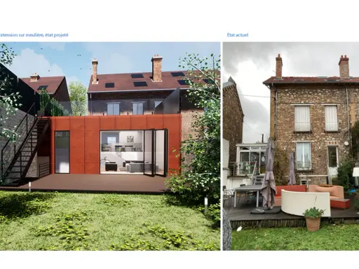 Comparaison avant/après d'une extension maison meulière. Le projet propose une façade moderne en brique rouge et de grandes baies vitrées.