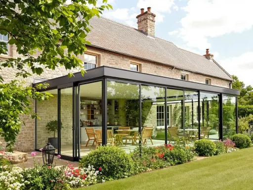 Une élégante veranda en verre s'adosse à une maison en pierre, offrant une vue sur une cuisine et une salle à manger. Le jardin fleuri entoure cette extension moderne.