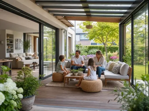 Famille détendue sur une veranda moderne. Une extension qui pourrait influencer la taxe foncière, mais qui offre un espace de vie agréable.