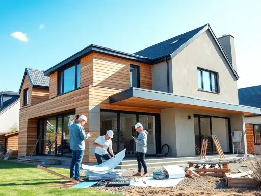 Trois hommes discutent des plans d'une extension de maison de 20m2 devant une maison moderne en bois et pierre.