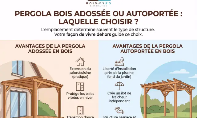 Illustration comparant les avantages d'une pergola bois adossée à une maison et d'une pergola bois autoportée dans le jardin.