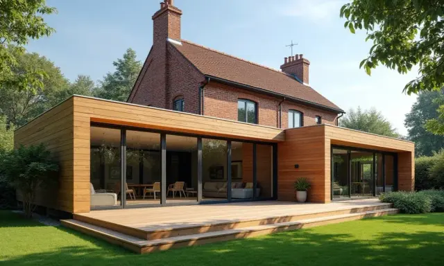 Un agrandissement de chalet bois moderne avec de grandes baies vitrées et une terrasse en bois, contrastant avec la brique ancienne de la maison.