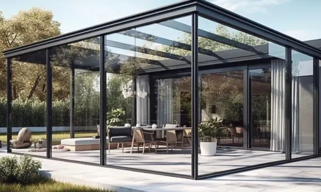 Une véranda moderne avec un toit plat en bac acier, offrant une vue panoramique sur un jardin luxuriant et un espace repas élégant.