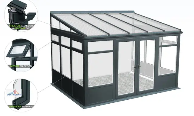 A modern conservatory with a grey aluminium structure and a dark grey muret soubassement. The roof is made of translucent panels.