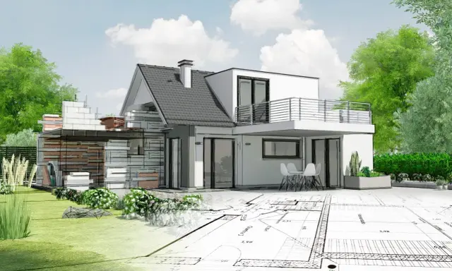 Vue d'une maison en cours d'agrandissement, mêlant esquisse et rendu 3D. Le projet d'extension maison ancienne prend forme sur des plans architecturaux.