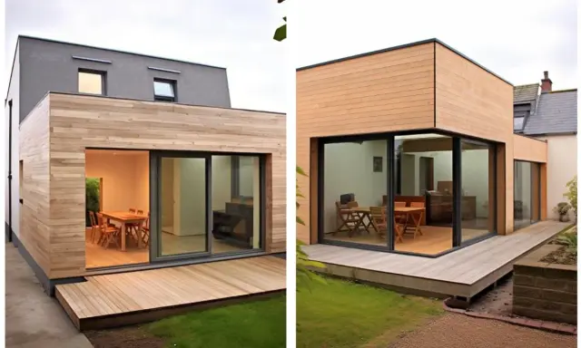 Extension maison rapide avec bardage bois et grandes baies vitrées. Une terrasse en bois prolonge l'espace de vie vers le jardin.