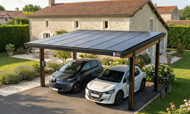 Carport sans emprise au sol avec panneaux solaires, abritant deux voitures électriques en charge dans un jardin fleuri.