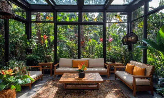 Un salon confortable dans un jardin d'hiver ancien, entouré d'une végétation luxuriante et de fleurs tropicales.