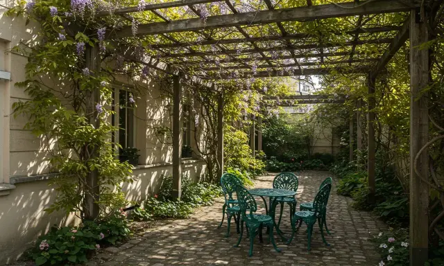 Un charmant modèle de pergola pour terrasse, envahi par la glycine, abrite une table et quatre chaises en fer forgé.