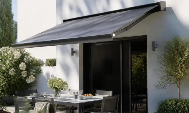 Store banne gris protégeant une terrasse aménagée, créant un espace convivial à distance des voisins.