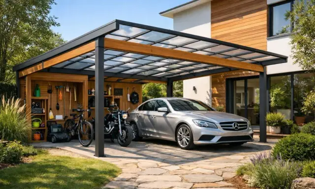 Carport moderne avec toit vitré, abritant une voiture argentée, une moto et un vélo.