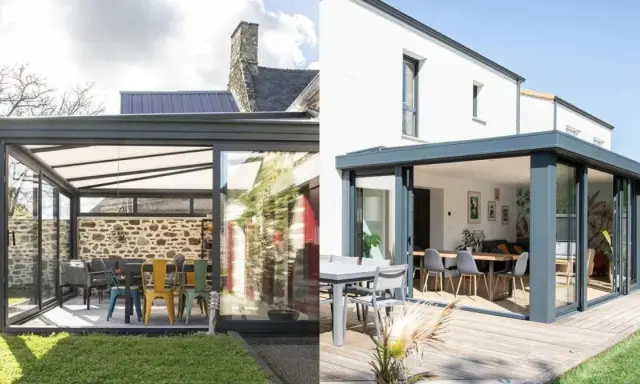 Deux styles de vérandas modernes, idéales pour construire une véranda soi même. L'une avec mur en pierre, l'autre sur terrasse en bois.