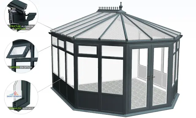 Une élégante verrière victorienne aux lignes classiques, dotée d'une structure en aluminium et PVC, parfaite pour agrandir votre espace de vie.
