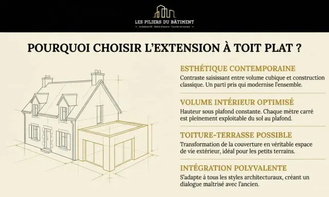 Schéma d'une maison avec une extension vitrée toit plat moderne. L'image met en avant les avantages d'une extension à toit plat.