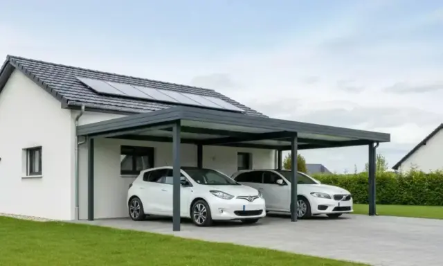 Carport moderne avec deux voitures blanches, panneaux solaires sur le toit. Respect de la réglementation et de la limite de propriété.