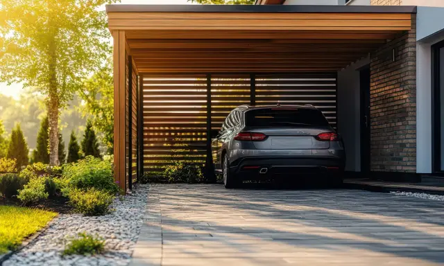 Voiture grise garée sous un carport moderne. Pensez à comment déclarer un carport aux impôts pour optimiser votre situation.