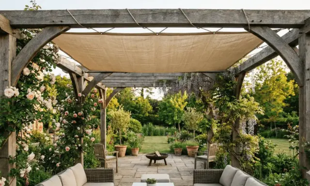 Une toile beige est tendue pour couvrir une tonnelle en bois, offrant un coin ombragé dans un jardin fleuri.