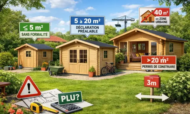 Des abris de jardin en bois de différentes tailles, avec des panneaux indiquant les règles d'urbanisme. Un grand abri nécessite un permis de construire.