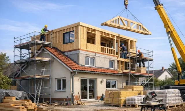 Construction d'une extension maison étage avec une grue qui installe une charpente en bois. Des ouvriers travaillent sur des échafaudages.