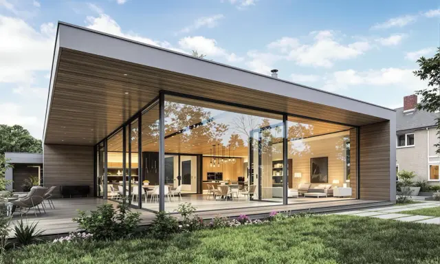 Une extension maison contemporaine avec de grandes baies vitrées, une terrasse en bois et un jardin verdoyant. L'intérieur lumineux révèle un salon et une cuisine modernes.