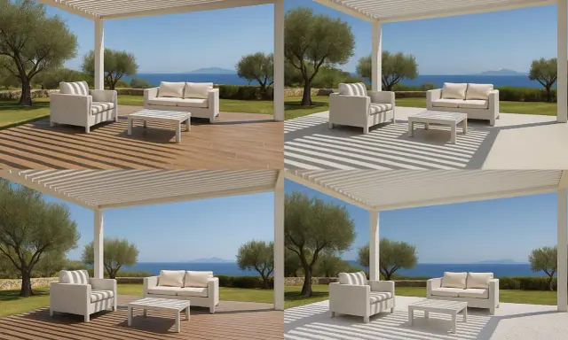 Quatre vues d'une pergola blanche avec salon extérieur, offrant une vue sur la mer. Idéal pour fermer une pergola et profiter de l'extérieur.