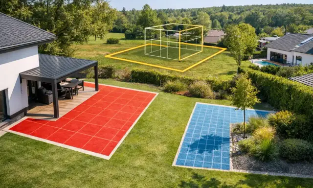 Une pergola sans emprise au sol, avec des zones colorées sur la pelouse, suggère un espace extérieur moderne et personnalisable.