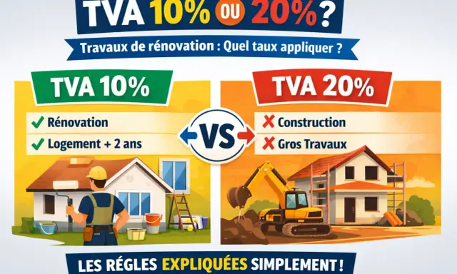 Illustration comparant la TVA 10% pour rénovation (peintre devant une maison) et la TVA 20% pour construction (pelleteuse sur un chantier).