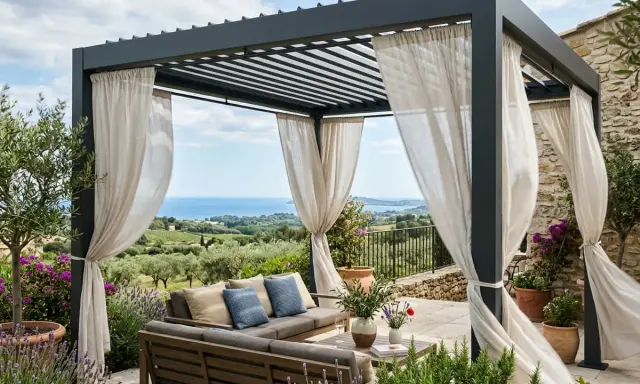 Pergola bioclimatique avec salon extérieur, vue mer. Idéal pour choisir votre espace de détente.