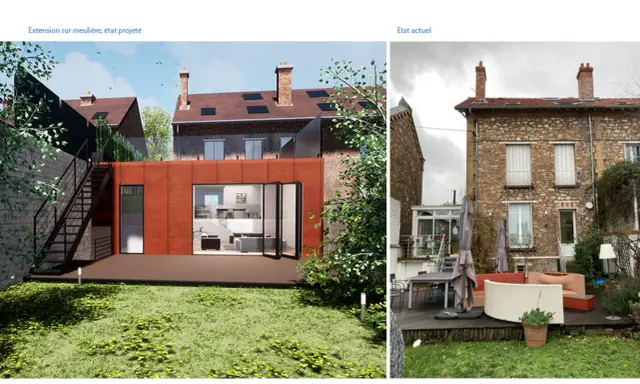Comparaison avant/après d'une extension maison meulière. Le projet propose une façade moderne en brique rouge et de grandes baies vitrées.
