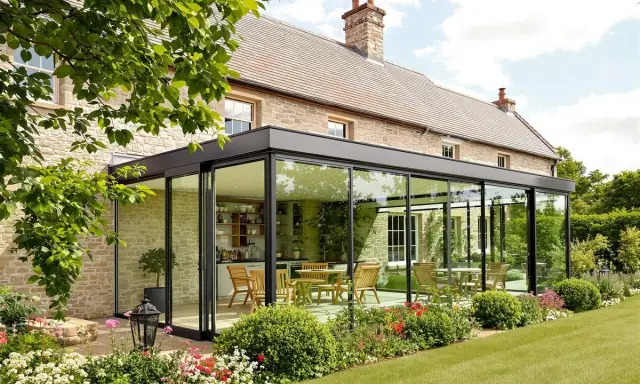 Une élégante veranda en verre s'adosse à une maison en pierre, offrant une vue sur une cuisine et une salle à manger. Le jardin fleuri entoure cette extension moderne.