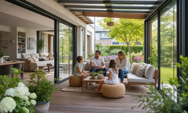Famille détendue sur une veranda moderne. Une extension qui pourrait influencer la taxe foncière, mais qui offre un espace de vie agréable.