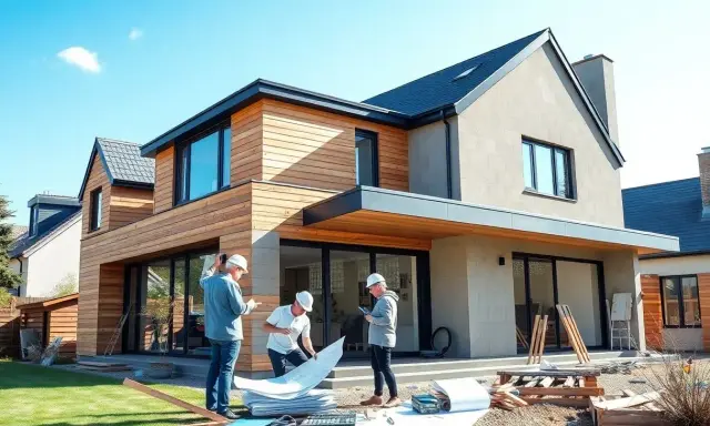 Trois hommes discutent des plans d'une extension de maison de 20m2 devant une maison moderne en bois et pierre.