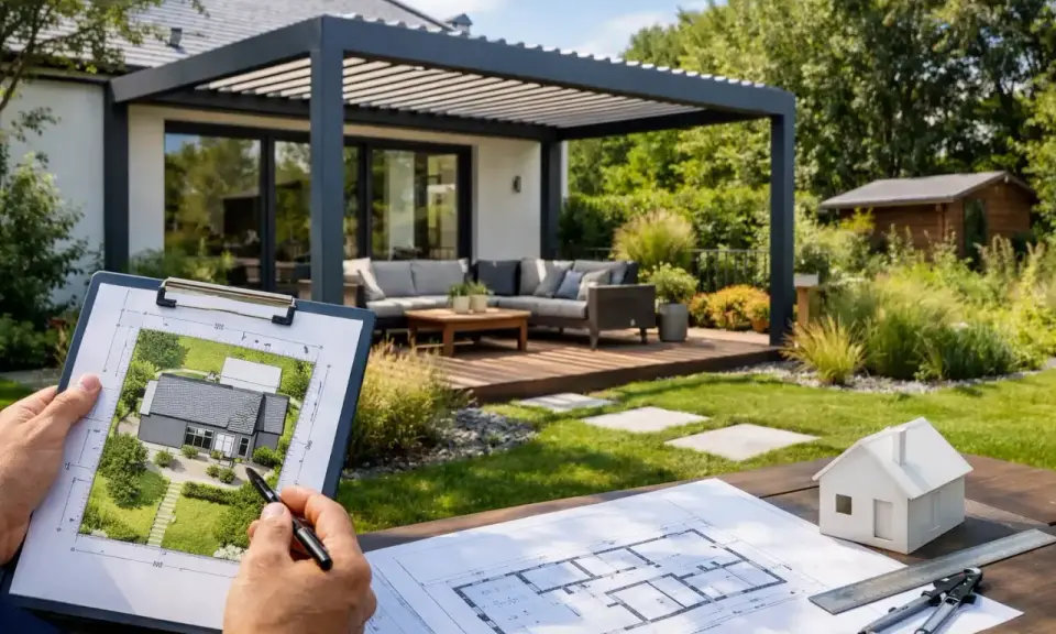 Planification d'une pergola et d'une terrasse. La jurisprudence sur l'emprise au sol est étudiée sur un plan.
