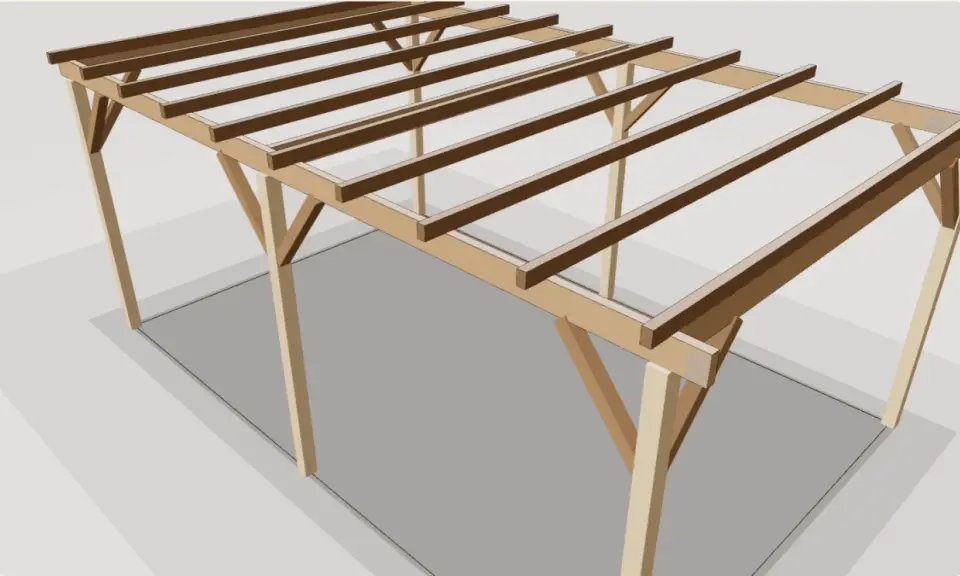 Structure d'une pergola bois fait maison, en cours de construction, avec poteaux et poutres apparents.