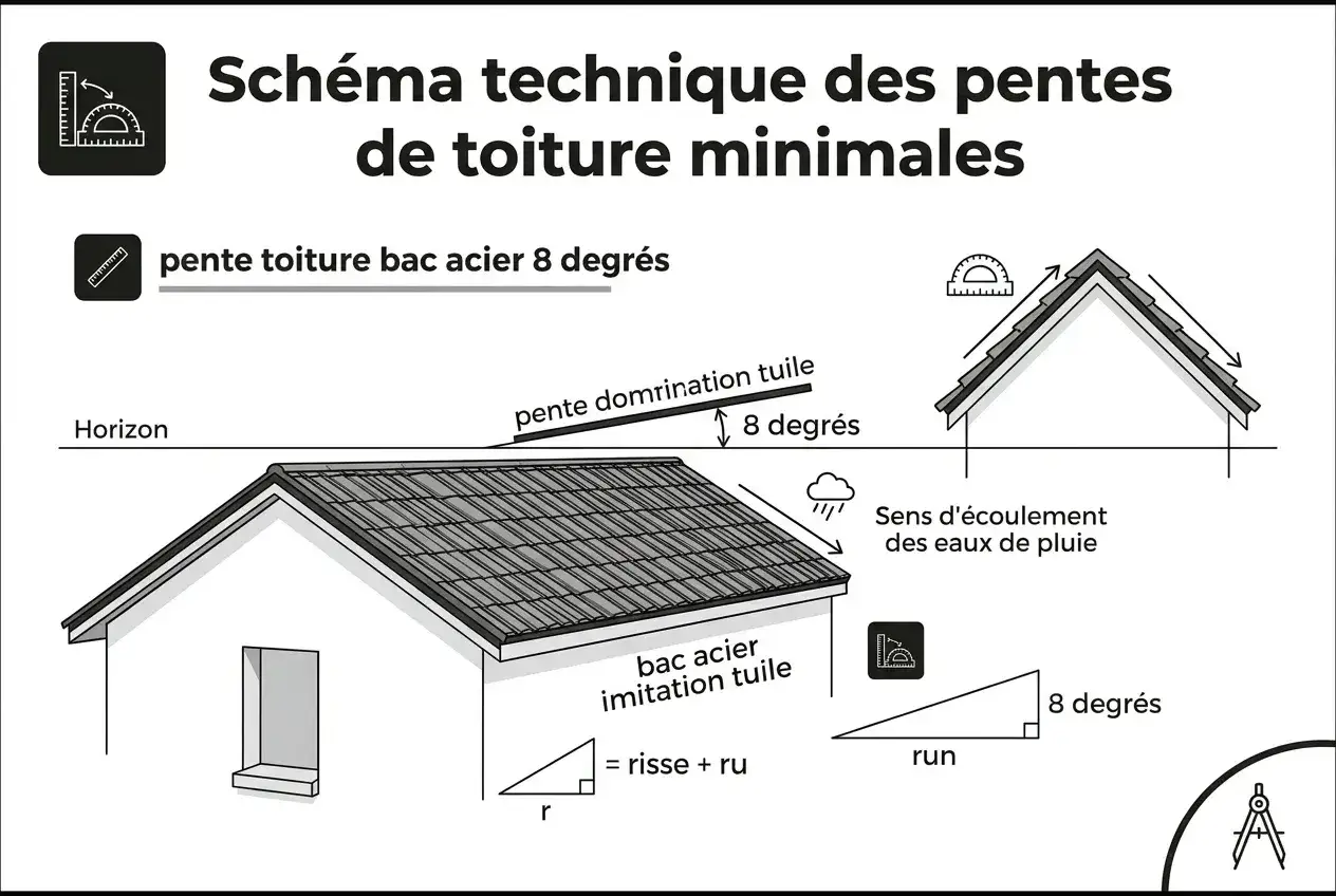 Sch&eacute;ma technique : pente toiture bac acier 8 degr&eacute;s. Illustration de l'&eacute;coulement des eaux de pluie sur un toit en bac acier imitation tuile.
