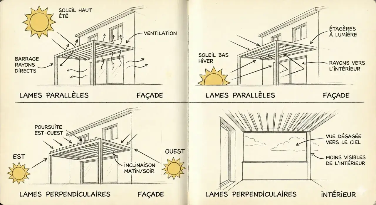 Sch&eacute;ma comparant les pergolas bioclimatiques &agrave; lames parall&egrave;les et perpendiculaires, montrant l'impact du soleil et de la ventilation.