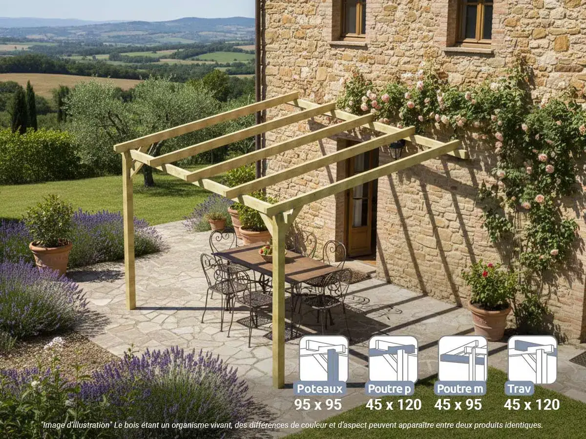 Une belle id&eacute;e pergola jardin pour ombrager une terrasse en pierre, avec vue sur la campagne. Parfait pour vos repas d'&eacute;t&eacute;.